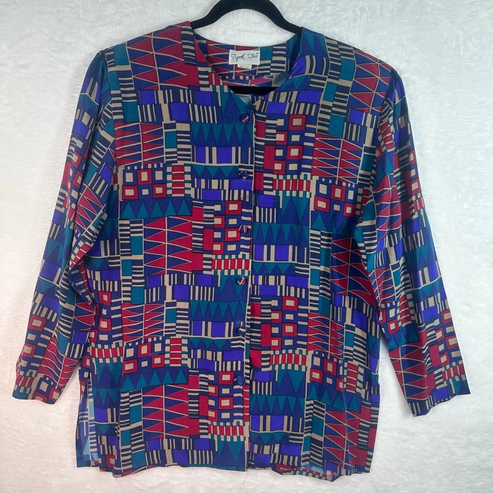 Papell Too Blouse Womens‎ XL Vintage Blue Geometric Silk Button Up Long Sleeve